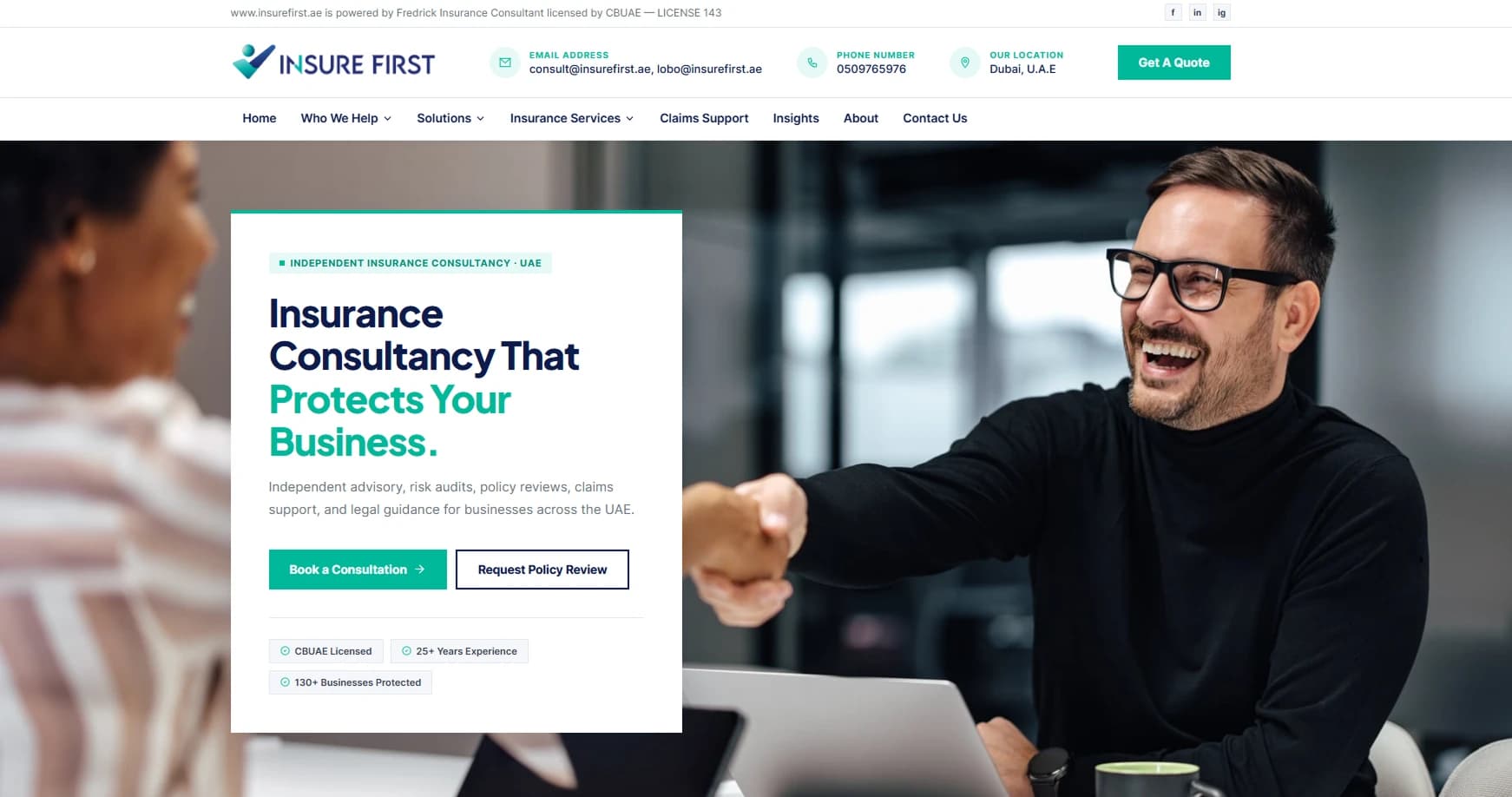 Insure First homepage — navigation and hero section