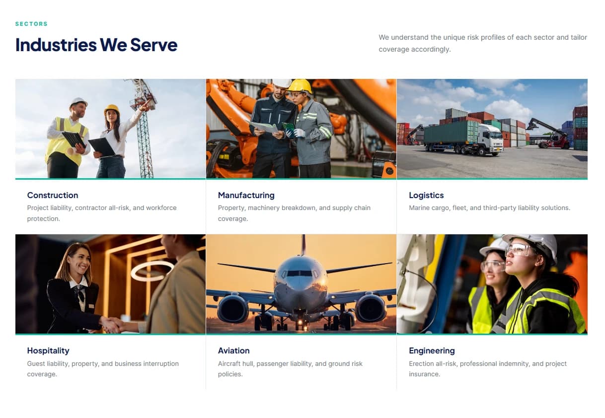 Construction, Manufacturing, Logistics, Hospitality, Aviation, Engineering