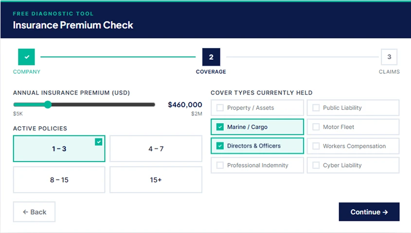 Step 2 — Annual premium, active policies, cover types held